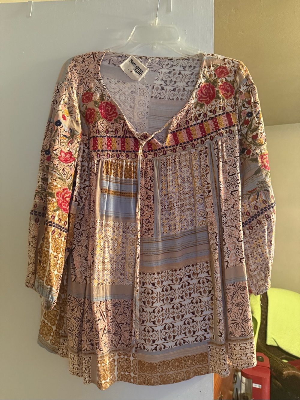 Savanna Jane Neutral Patchwork Tunic with Pink Rose Accents